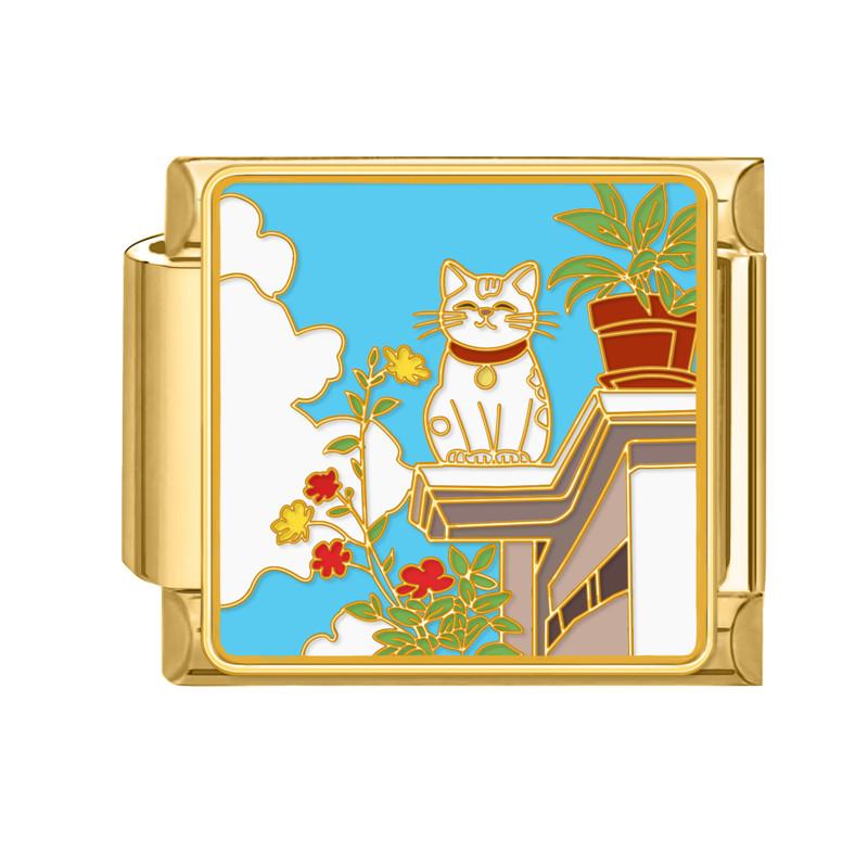 Y2K Gold Color Bear Cat Blue Sky Rose Flowers Moon Italian Charm Link Fit 9MM Stainless Steel Bracelet Women DIY Making Gifts