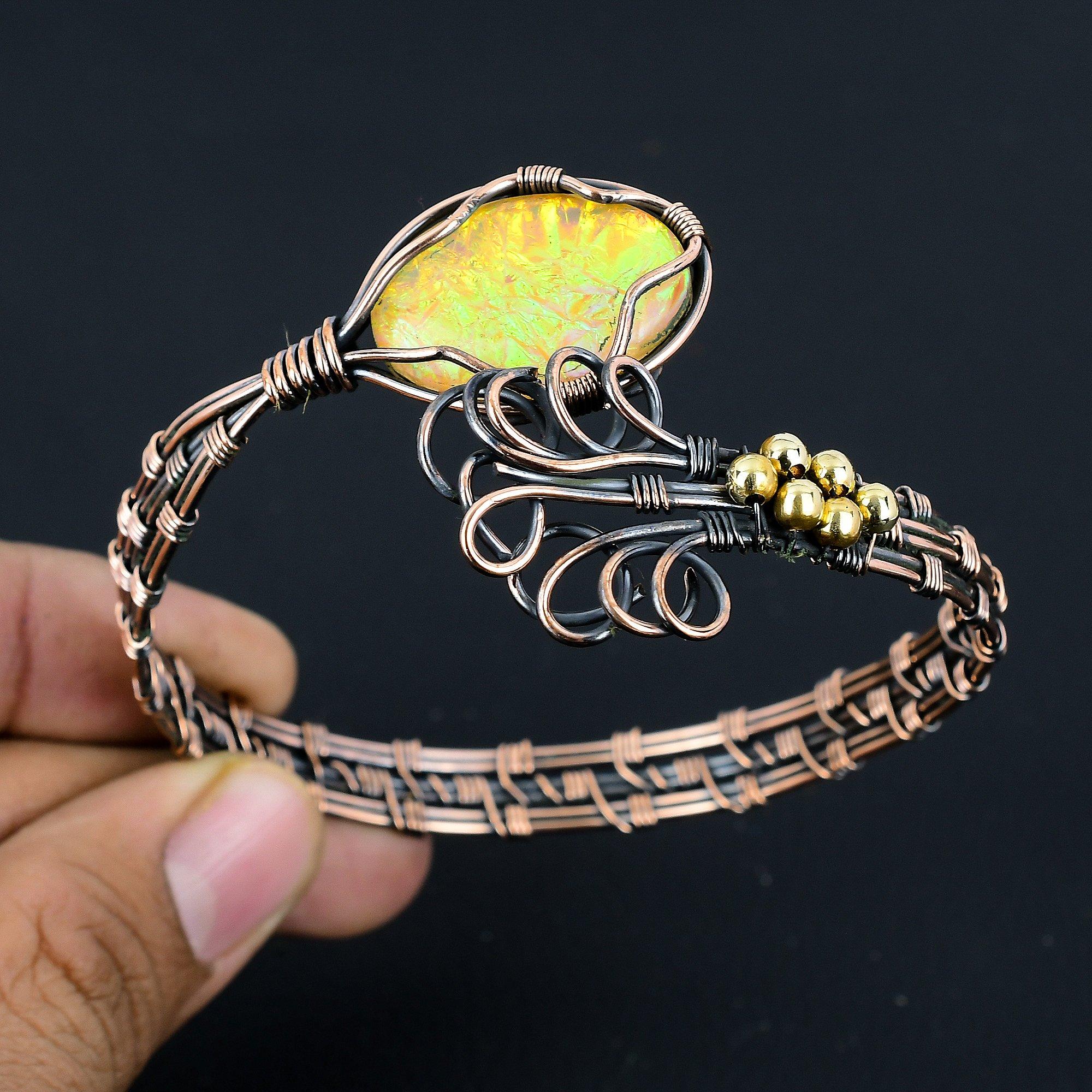 

Браслет с австралийским опалом-триплетом, Браслет из драгоценного камня ручной работы, Антикварное украшение, обернутое медной проволокой 999 пробы, Для подарка на помолвку