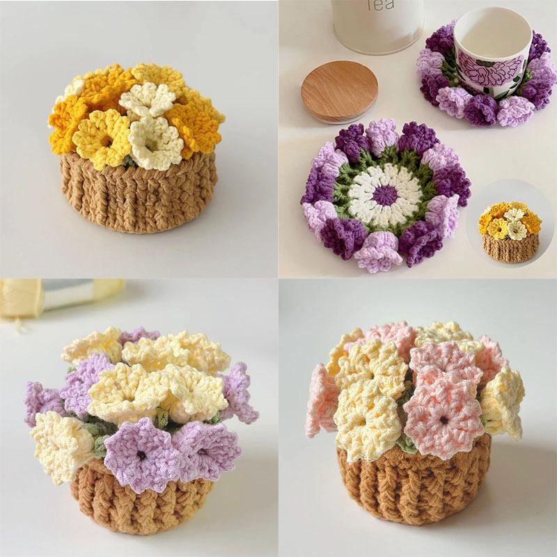Crochet Coaster Handmade Knitted Flower Bouquet Coaster Plant Pot with Flowerpot Flower Placemat Cup Pad Teacup Stand Diy Flower