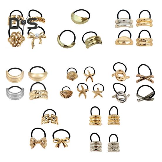 3/4Pcs Hair Rope Golden Metal Decor Hair Tie Cuff High Elasticity Hair Rope Bands Black Hair Accessories Ponytail Holder