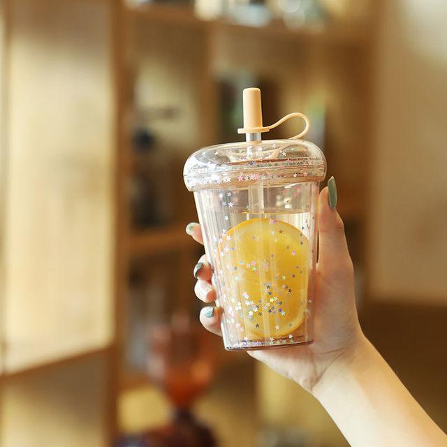 

520 мл Блестящая бутылка для воды Двухслойный тамблер с соломинкой Бутылки для воды для девочек Чашка для бабл-ти Посуда для напитков Герметичные чашки 301-400ml