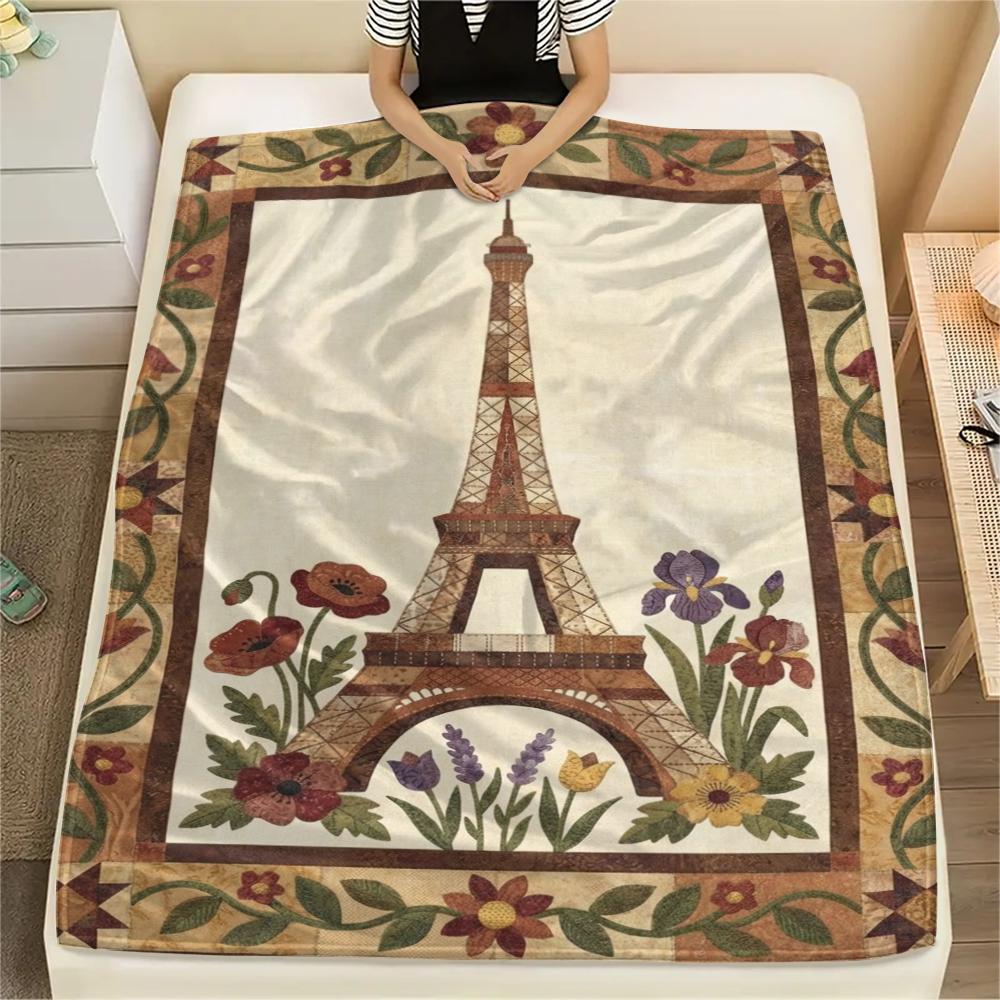 Paris Eiffel Tower Print Flannel Blanket, High quality Comfortable for All Seasons, Home Decor, Warmth and Comfort, Perfect for Christmas Gifts90
