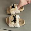 Flat-bottomed cute fluffy slippers women's warm and comfortable autumn retro bow non-slip cartoon one-pedal cotton slippers