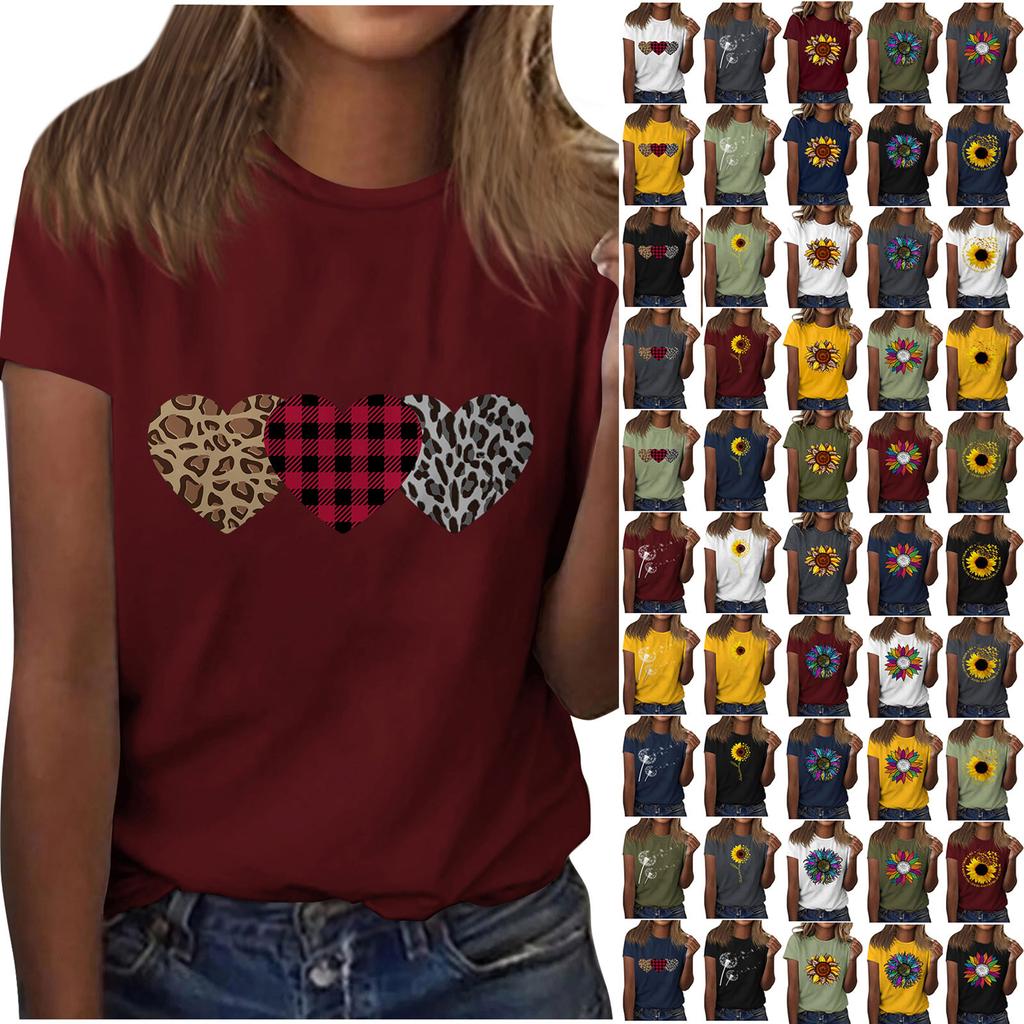 Sunflower Ladies Cute Print Short Sleeve Round Neck Front Shoulder Vintage Short Sleeve Summer Loose Shirt Top