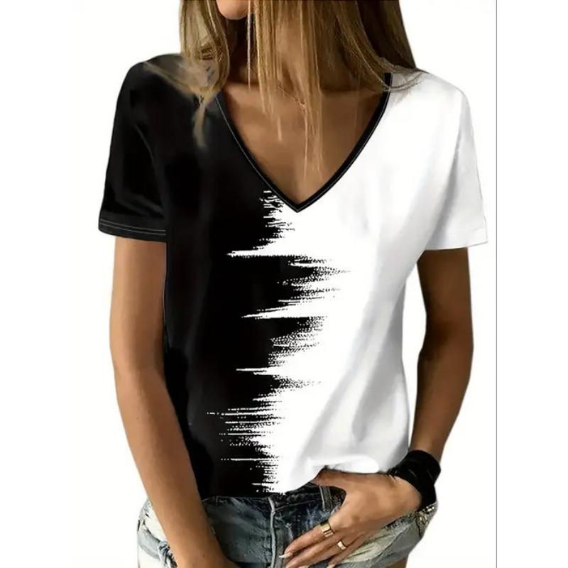 Spring Summer Short Sleeved T-shirts for Women Trendy Short Sleeved Tops V-neck Short Sleeved Tops Retro 3D Printed Shirt