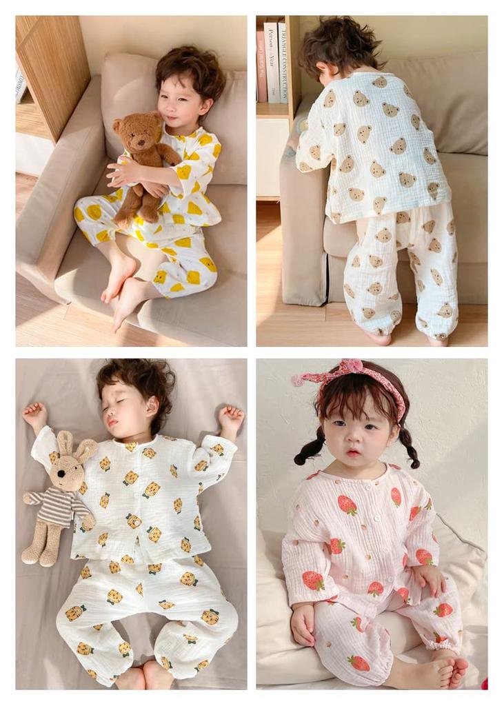 Futupe Baby Front Long Lightweight Cotton Loungewear Sizes 120 Size Pajamas, Opening, Sleeves, Gauze, Spring, Summer, Fall, Girls, Boys, Set, Baby,