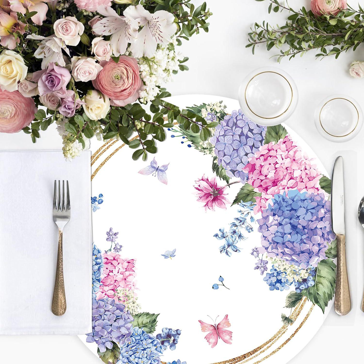 

Round Disposable Hydrangea Placemats - Perfect for Spring and Summer Birthdays or Wedding Decor. 33 cm