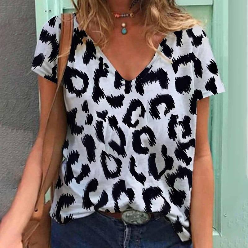 Ladies' V-neck Short Sleeved Sexy Leopard Print Trend Summer Loose Short Sleeved T-Shirts (women’s)