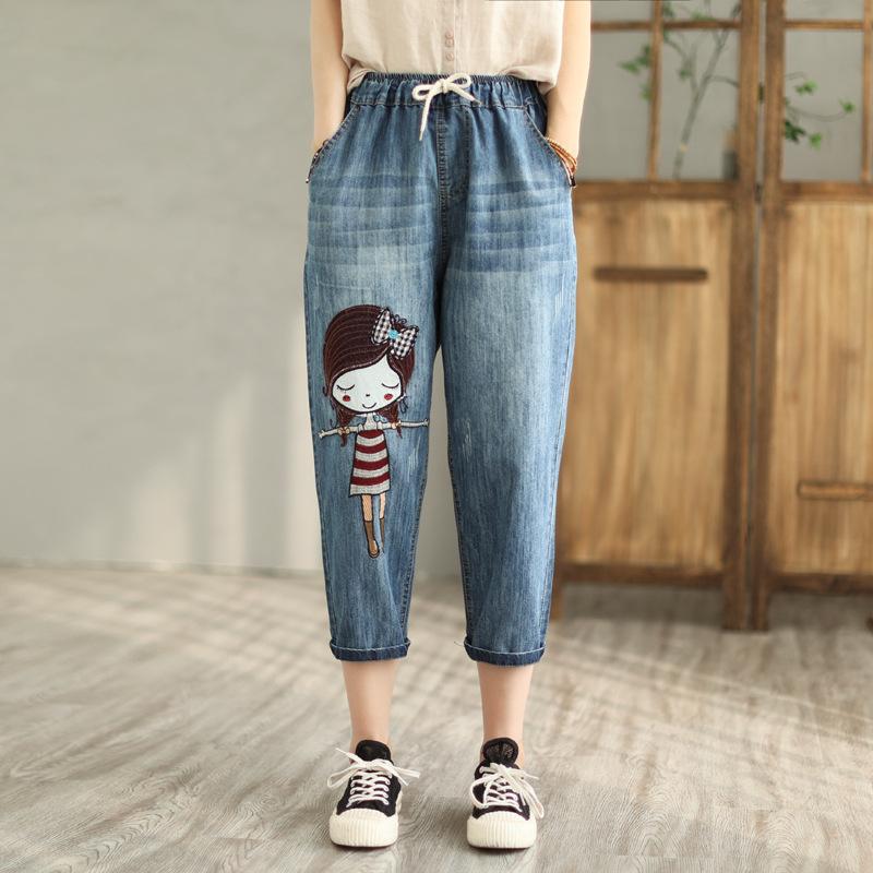 Mode Sommer Damen Zerrissene Lockere Jeans Damen Freizeit Stickerei Denim Hose Vintage Damen Elastische Haremshose