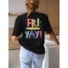 T-shirt casual da donna rosa con scritto "FRIYAY!"" Design con Matite Colorate - Manica Corta, Girocollo, Leggera Miscela di Cotone, Perfetto per Abbigliamento Casual