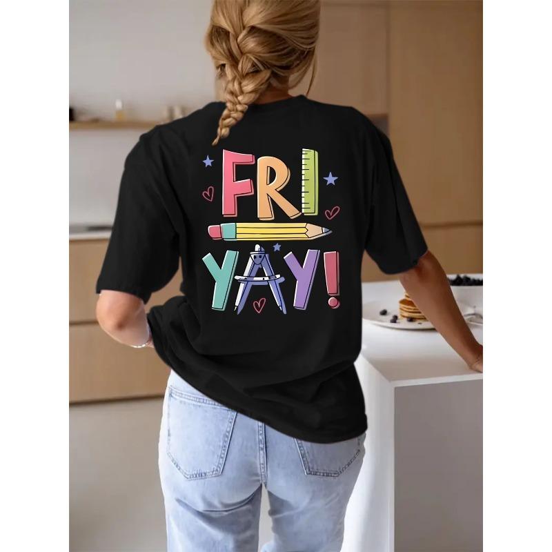 T-shirt casual da donna rosa con scritto "FRIYAY!"" Design con Matite Colorate - Manica Corta, Girocollo, Leggera Miscela di Cotone, Perfetto per Abbigliamento Casual