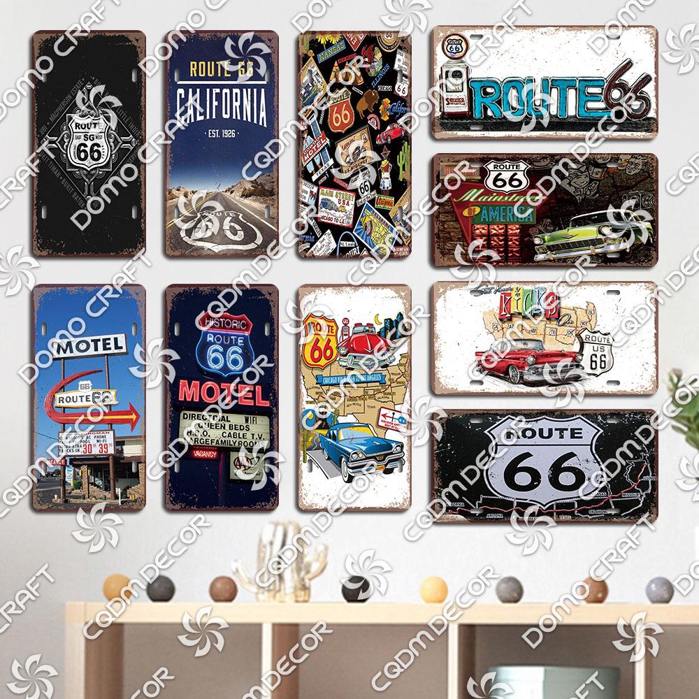 Retro Route 66 License Metal Tin Signs Vintage Road Trip Car Metal Plate Garage Club Gas Station Car Wall Decor