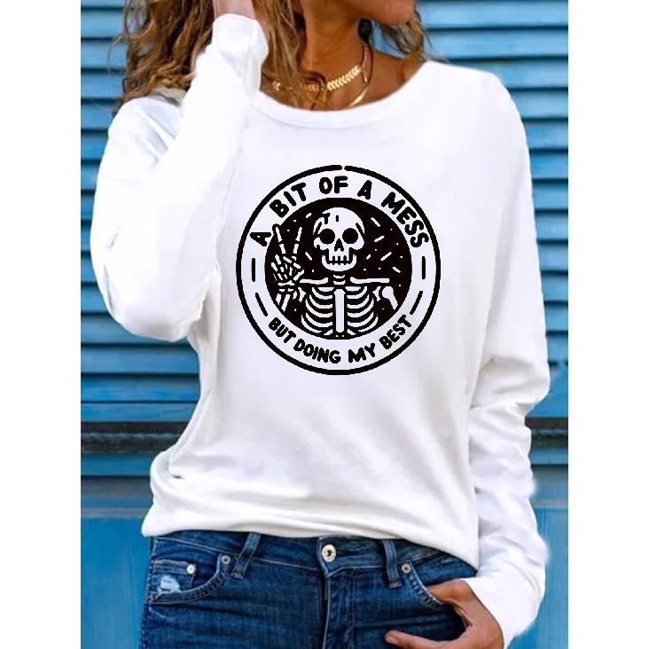 Halloween Skull Quotes Women s Loose Casual Long Sleeve T Shirt Bottoming Shirt X6369 S
