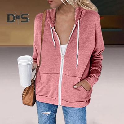 Frühling Herbst Frauen Einfarbig Sweatshirt Mantel Mit Kapuze Kordelzug Langarm Taschen Zipper Knopfleiste Verdickt Oberbekleidung