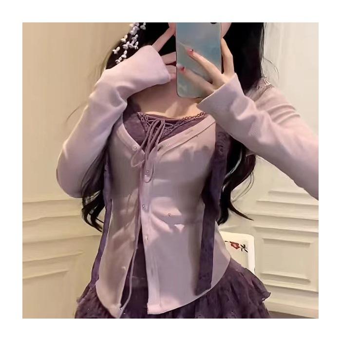 Spice Girl Purple Spring and Summer Two Sweet and Spicy New Knitted Design Skinny Cardigan Half Skirt Top