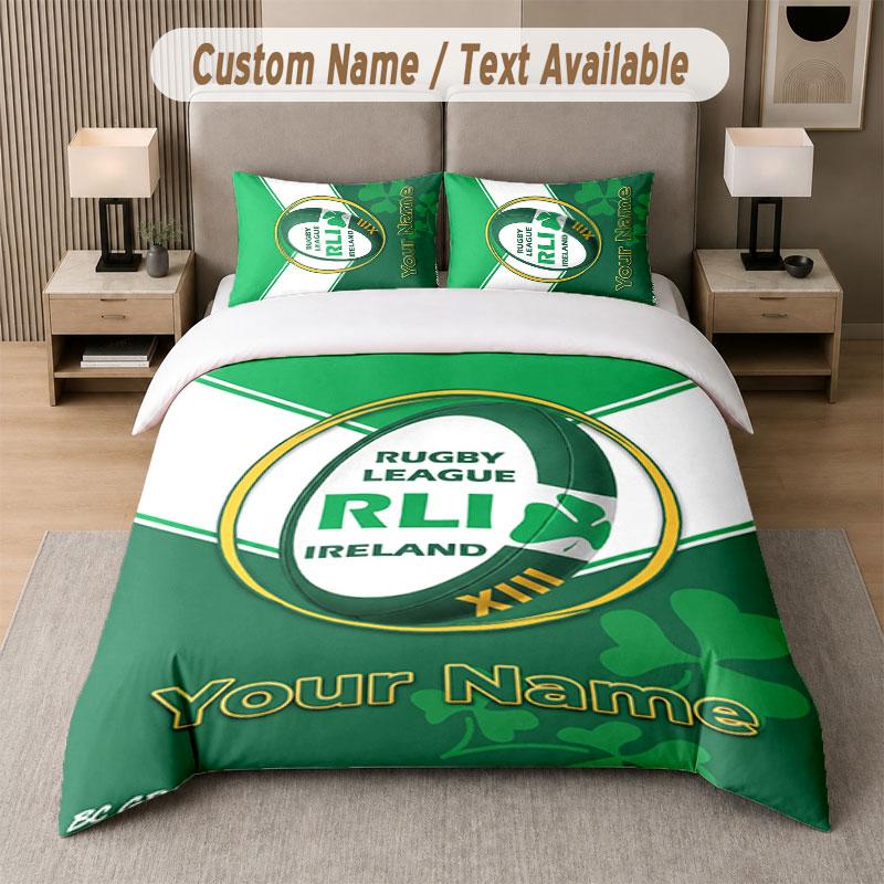 Custom Bedding Set Ireland Rugby Pattern, Print Name Text 1 Duvet Cover plus 2 Pillowcases Home Textile