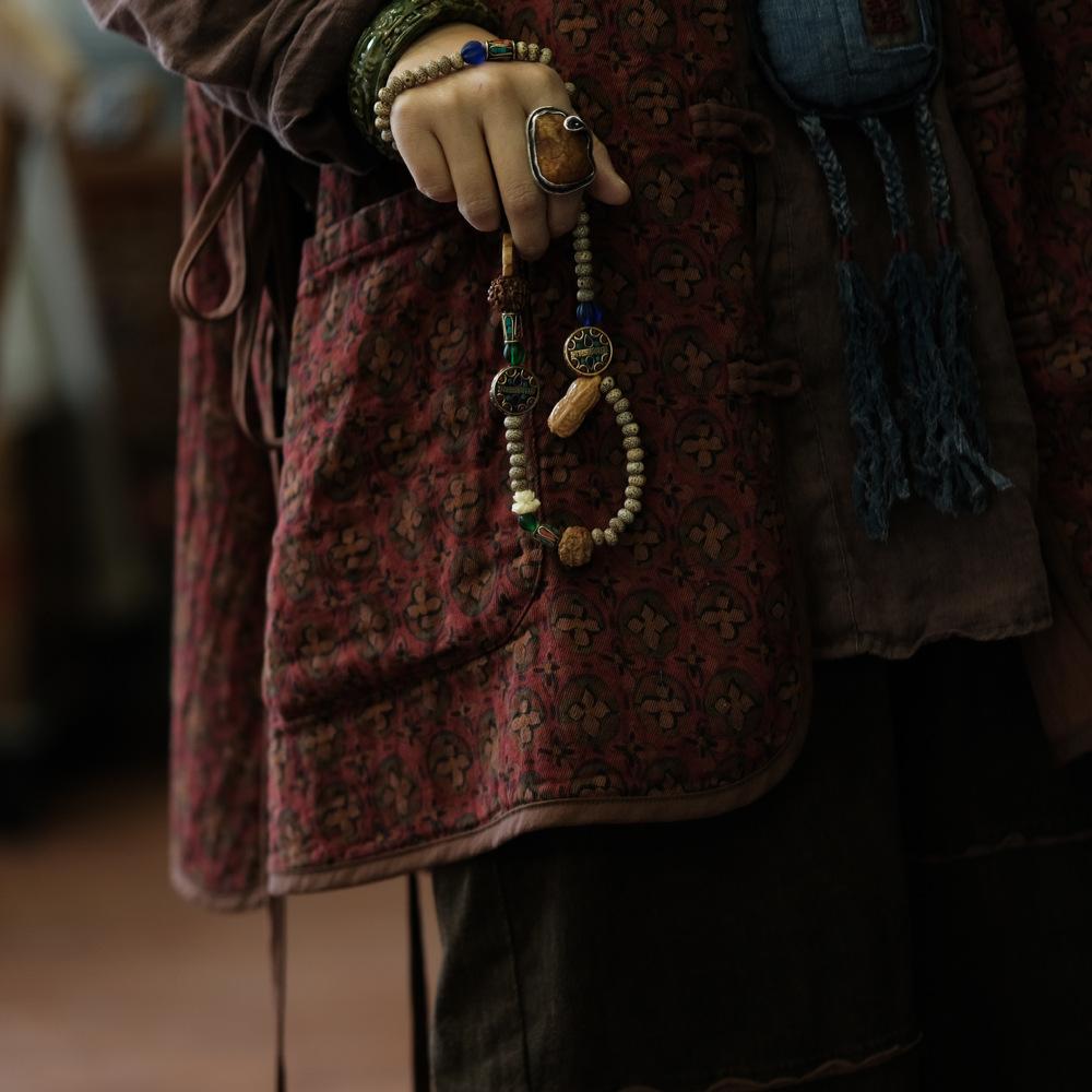 Johnature Women Vintage Print Floral Vests Coats Button Sleeveless V-Neck Autumn Chinese Style Pockets Vests