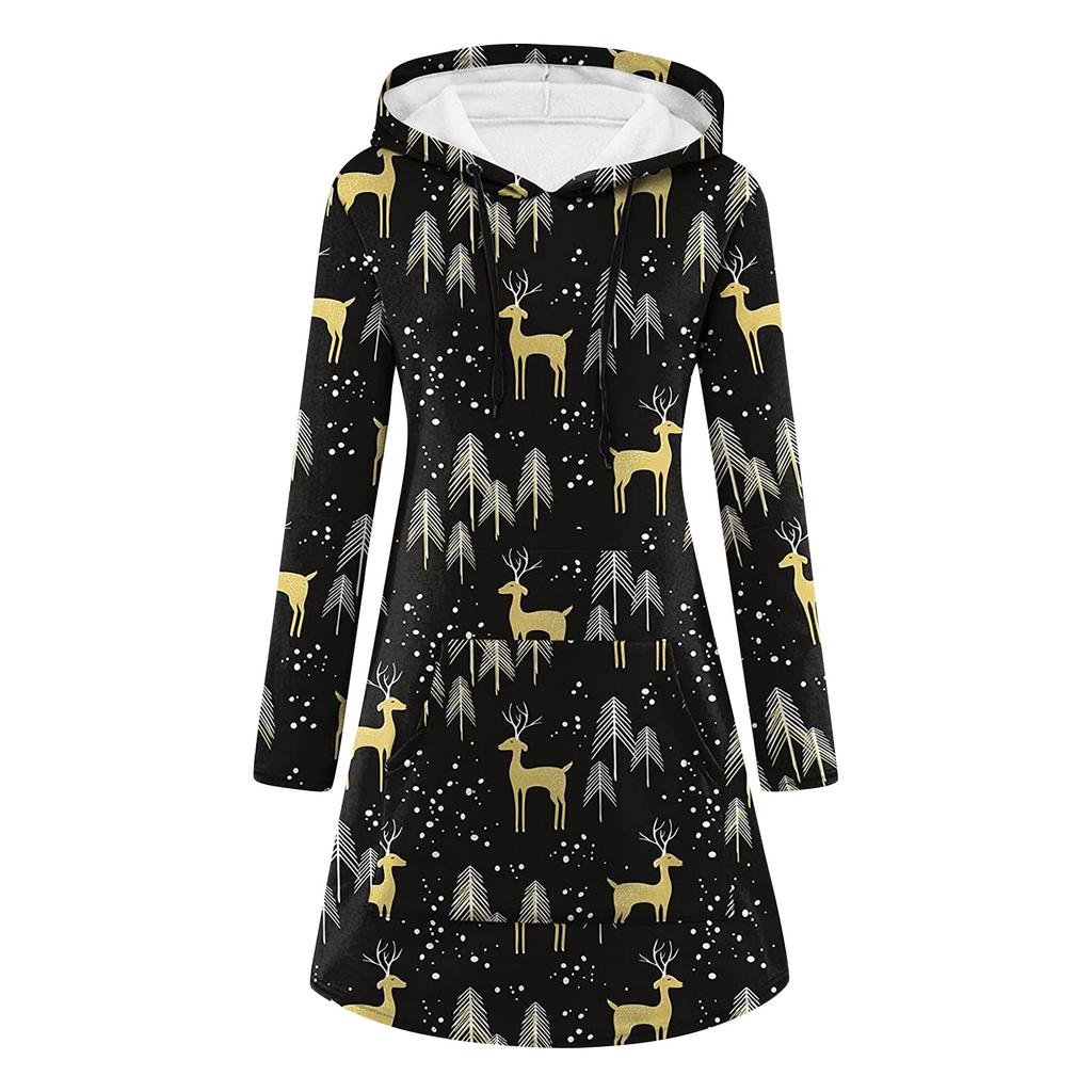 Top rochie pulover cu glugă, cu mânecă lungă, cu imprimeu de Crăciun, ocazional