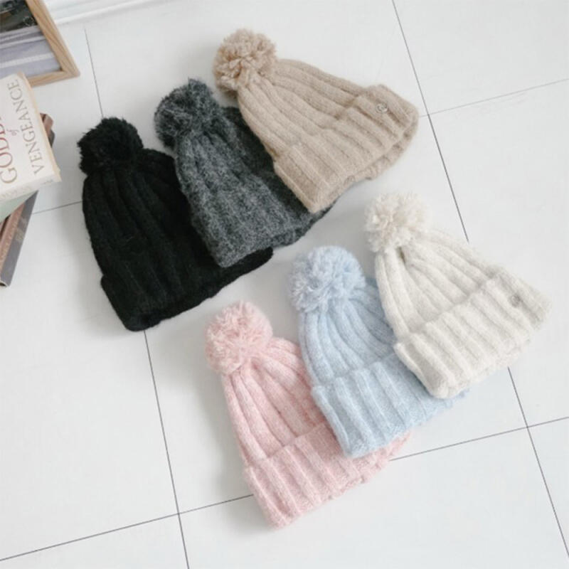 Women s Winter Fur Pom Pom Roll-Up Knit Wool Beanie Hat black