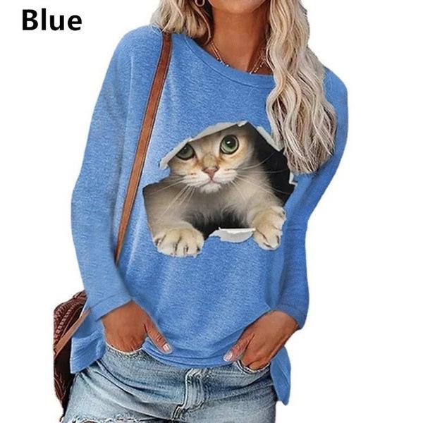Fashionable Women's Round Neck Long Sleeve T-shirt Trendy Autumn/winter Cat