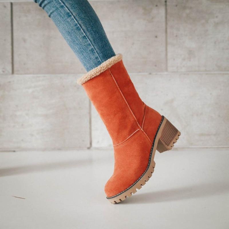European American Mid Length Boots 2024 Winter New Item Solid Color Versatile Suede High-heeled Plus Size Cotton Boots for Women