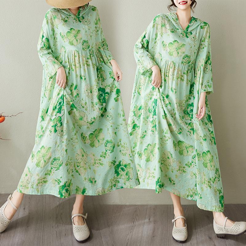 DIMANAF 2025 Sommer Damen Übergröße Kleid Hoodies Floral Basic Lässig Locker Lang Vintage Plissee Kleid Maxi