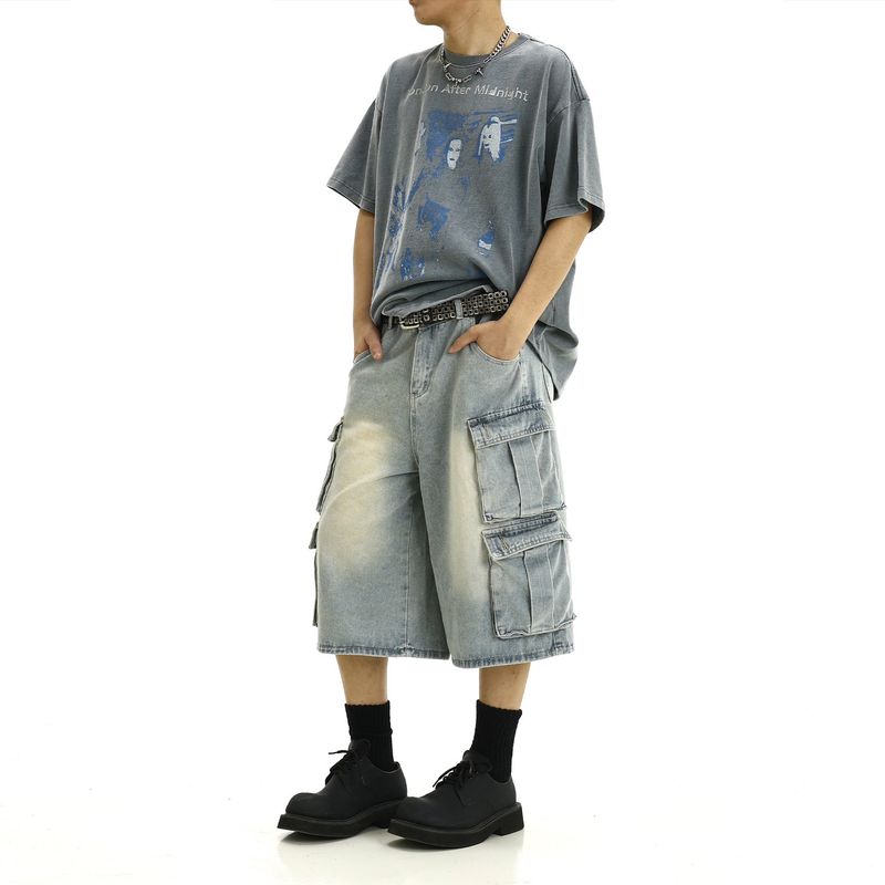 

Summer Multi-Pocket Washed Distressed Cargo Jeans Men s American Retro Trendy Loose Straight All-Matching Cropped Pants Light Blue L