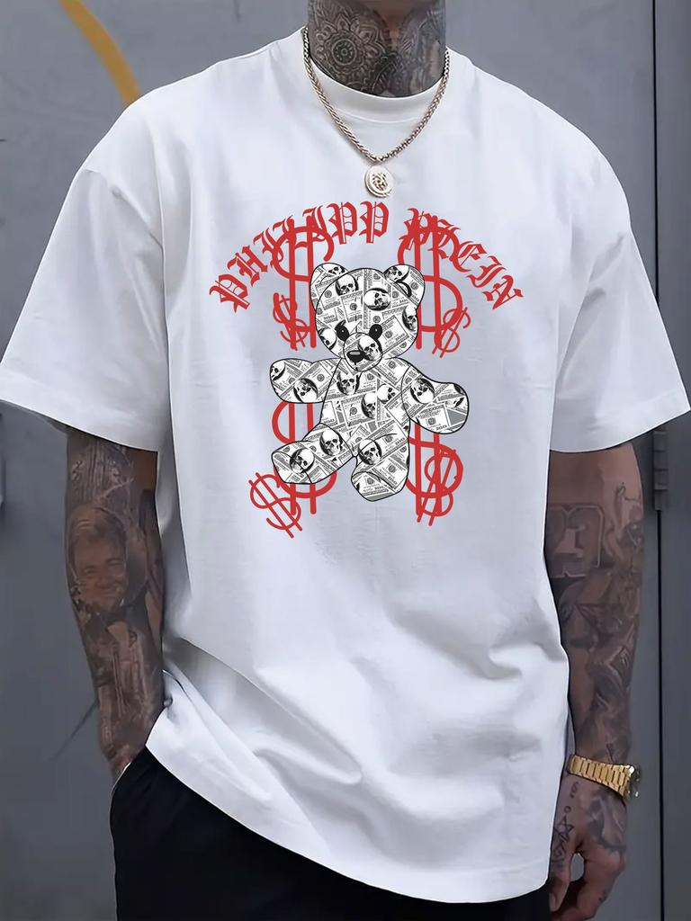 Trendy Bear Graphic Printed Short Sleeved Luxury Cotton T-shirt for Summer Unisex Men and Women, Casual Loose Fashion Trendy
