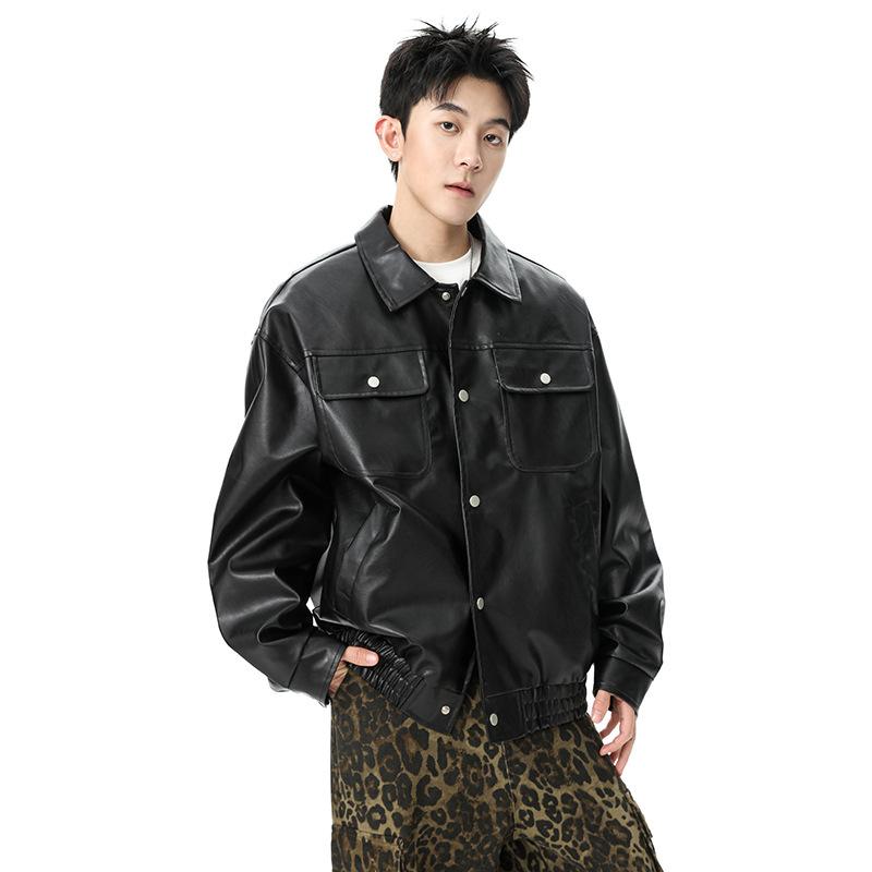 Men's Brown Faux Leather Bomber Jacket - Oversized Casual Streetwear PU Leather Jacket with Pockets