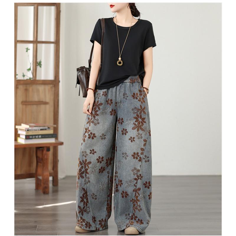DIMANAF 2026 Summer New Plus Size Women Jeans Vintage Floral Elastic Waist Long Pants Loose Casual Denim Cotton Trousers Pants