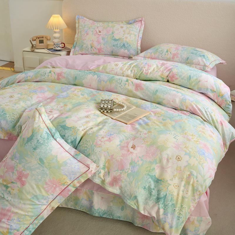 Fresh & Simple Pure Cotton Four-Piece Printed Dorm Set – Includes Three-Piece All-Cotton Bed Sheet, Bed Skirt, and Bedding Set.