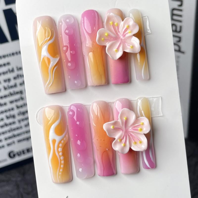Gradient Blush Nail Art Tips With Floral Embossed Design - Press-On False Nails Ultra-Thin Invisible Fit INS Style Wearable Small