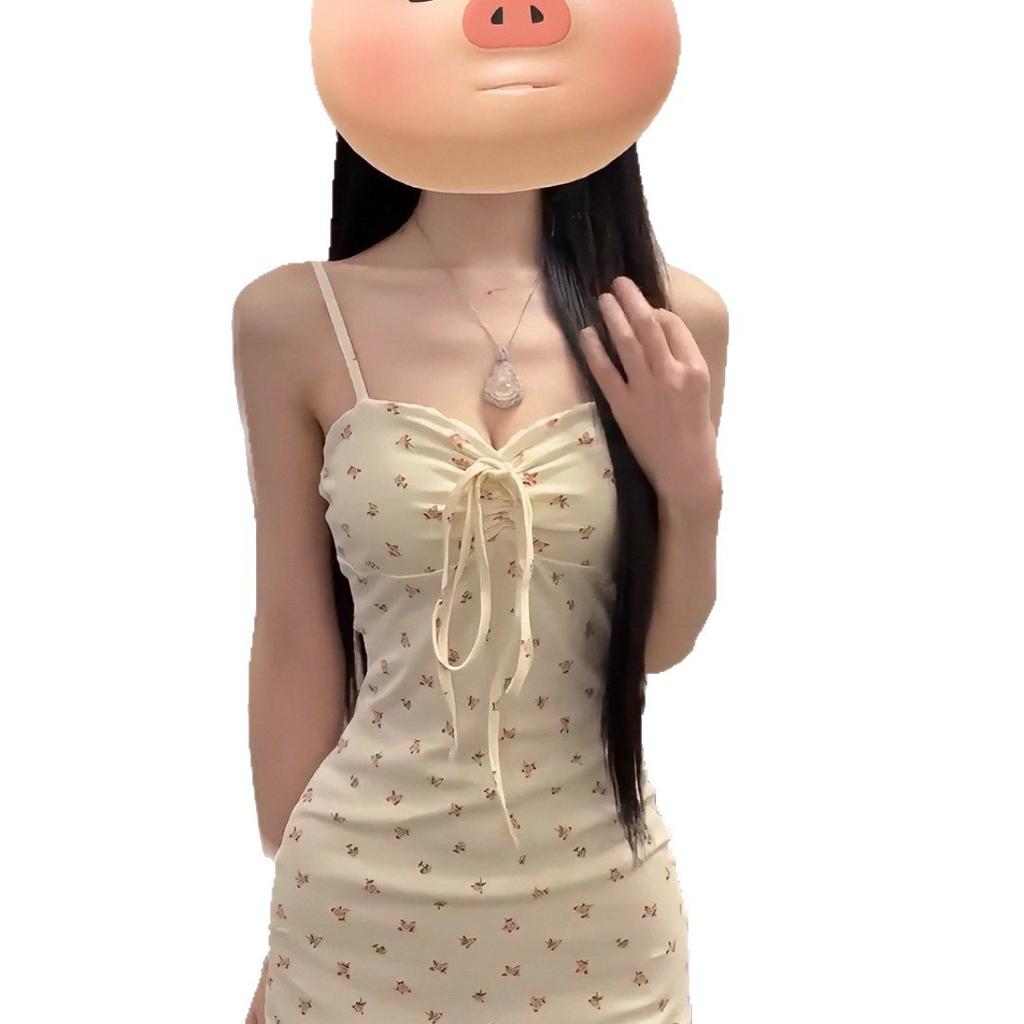 Spice girl retro sexy V-neck floral lace-up bow suspender dress summer pure desire waist hip skirt