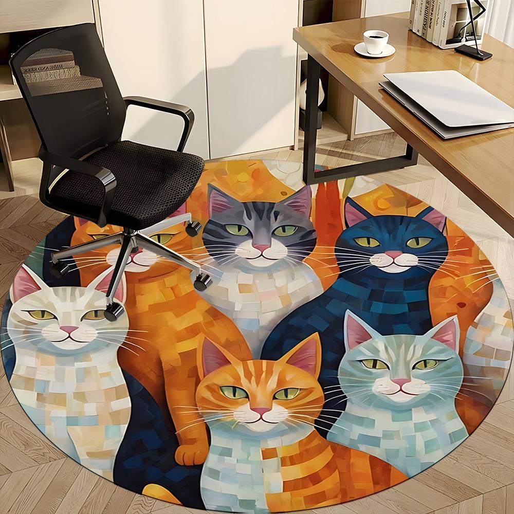 1PC Cat Family Office Round Area Rug, Indoor Mat Suitable ForOffice, Under Office Chairs Bedroom Living Room Home Decor, Room Deco f003