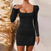2025 Herbst/Winter Europäisches & Amerikanisches Damen Sexy Rückenfreies Bodycon-Kleid mit Raffschultern & Langen Ärmeln