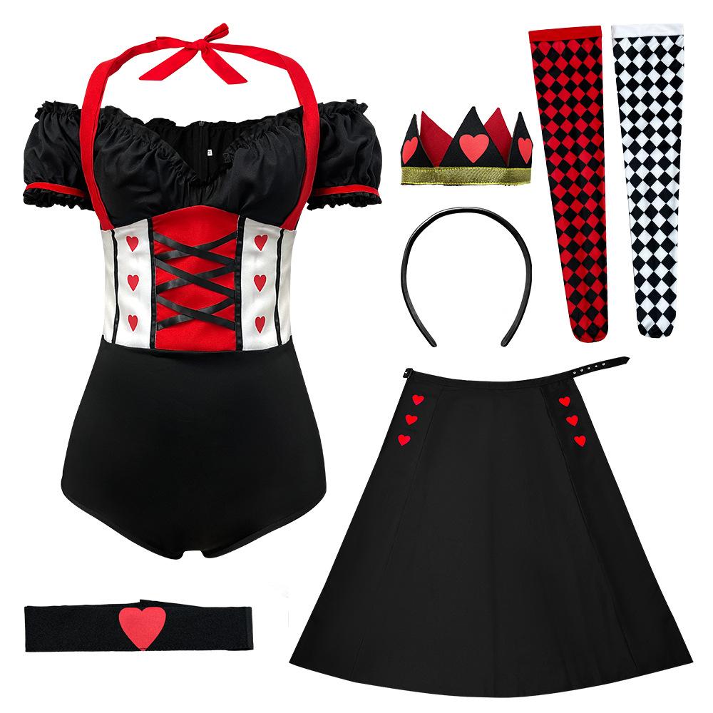 Red Queen full set of cosplay dresses, ladies poker princess outfit, Halloween parties, stage performances, and fantasy role-playing activities S