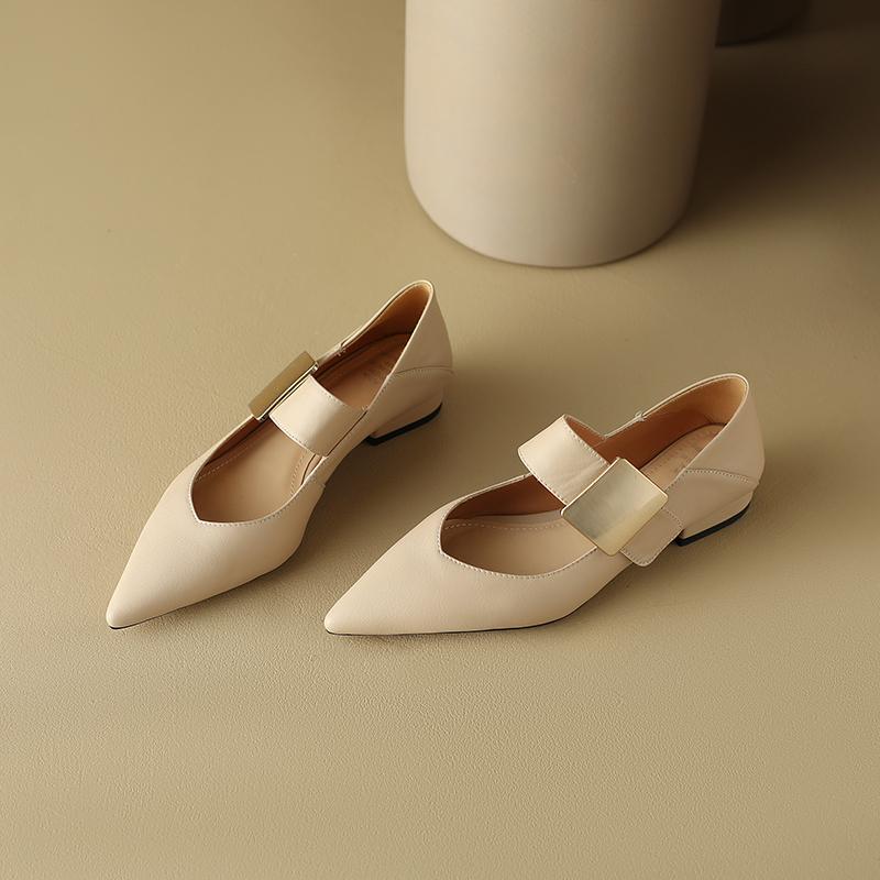 VANGULL Brand Spring Women Pumps Natural Leather Cowhide+pigskin Full Leather Metal Square Buckle Shoes