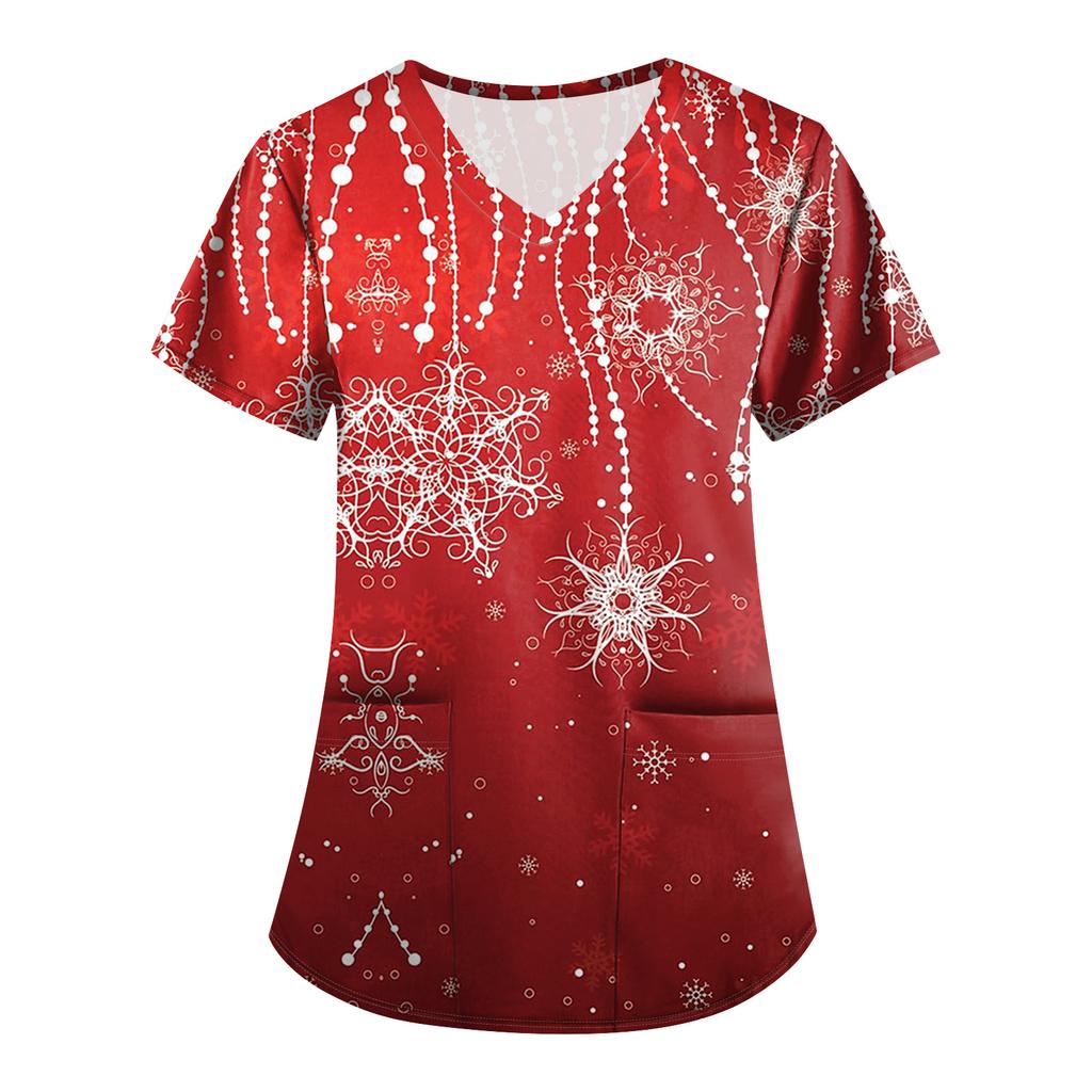 Plus SizePrinted Scrub Working Uniform Tops For Women's Cross V-Neck Print Short Sleeve Fun T-Shirts Workwear Tee With Pockets