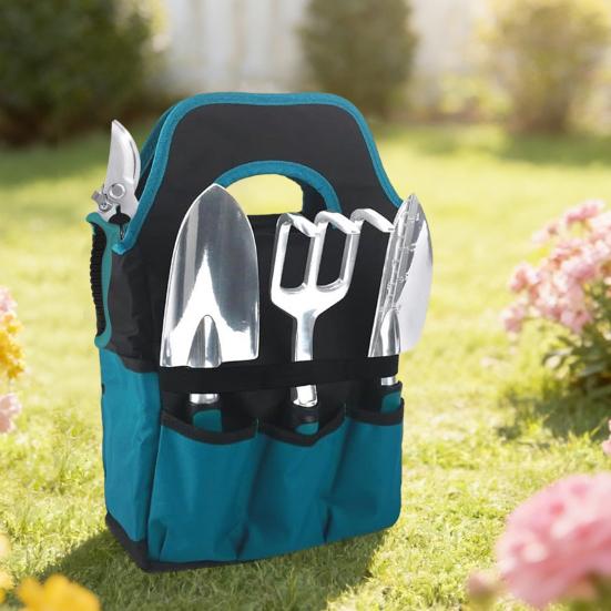 1 Set Gardening Tools Ergonomic Hand Trowels Rake Bypass Pruner Gloves Transplanting Mat Heavy Duty Hand Tools with Carrying Tote for Home Gardening
