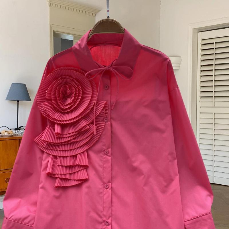 Spring New Chic Flower Long Sleeve Women's Shirts Casual Solid Single Breasted Elegant Loose Blouses Women Tops Vintage Lace-up Ladies Blouse 25810