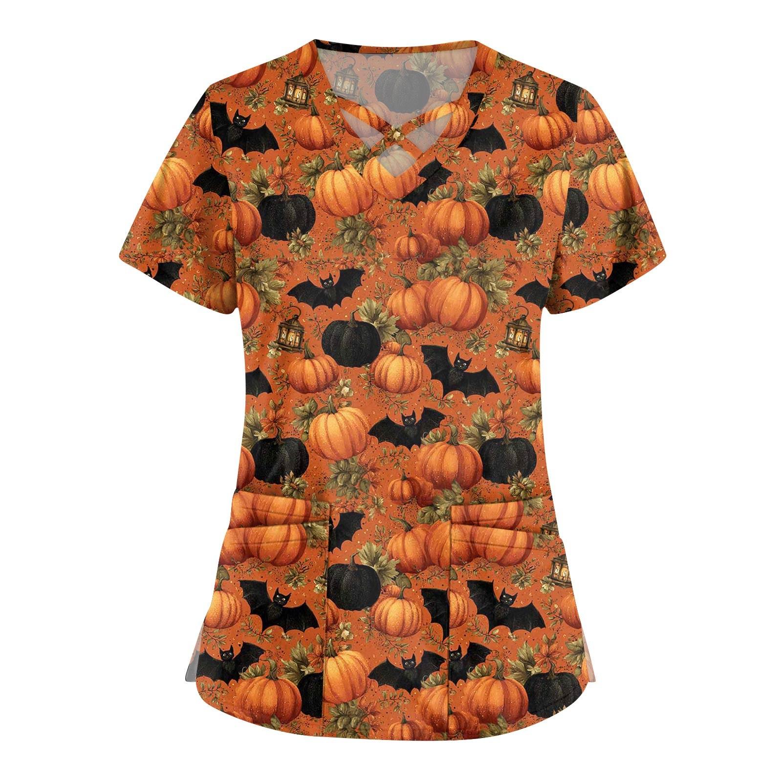 

Women s Fashion Cross V Neck Short Sleeve Overalls Double Pockets Halloween Printed Tops Uniforms L шафрановий