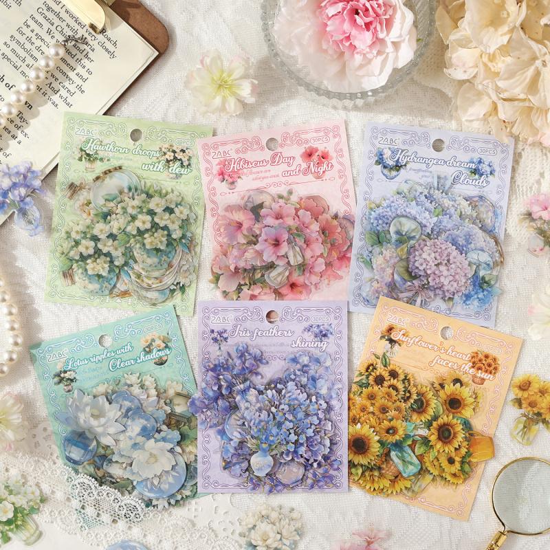 30-Piece Vase with Flower Theme Stickers Various Vases Colorful Blooms, Self-Adhesive for Journal Decoration DIY Crafts