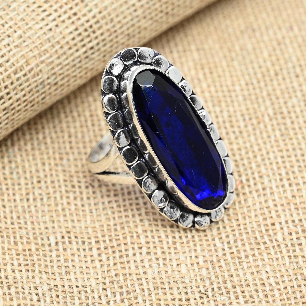 Lab-Created Blue Sapphire Gemstone 925 Sterling Silver Handmade Gift Ring Jewelry
