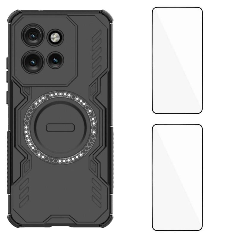 For Motorola Edge 50 Neo 5G Magnetic Case WANLONFENG DJ Series PC TPU Phone Cover with 2Pcs Tempered Glass Film