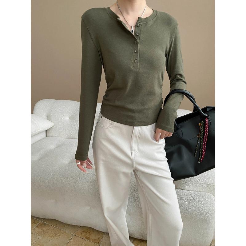 Sinan Slimming Waist Henley Collar T-shirt with Elegant Buttons and Arc Hem (SN8261) Medium