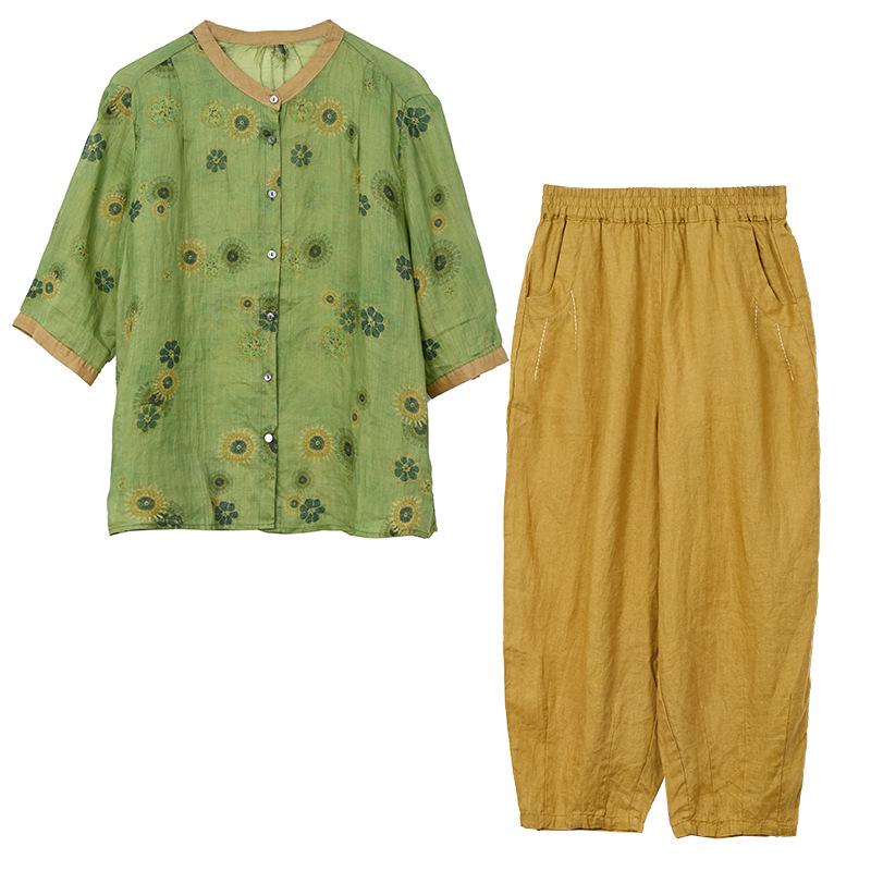 2026 Korean-Style Plus Size Slimming Retro Print Cotton-Linen Two-Piece Summer Set for Women
