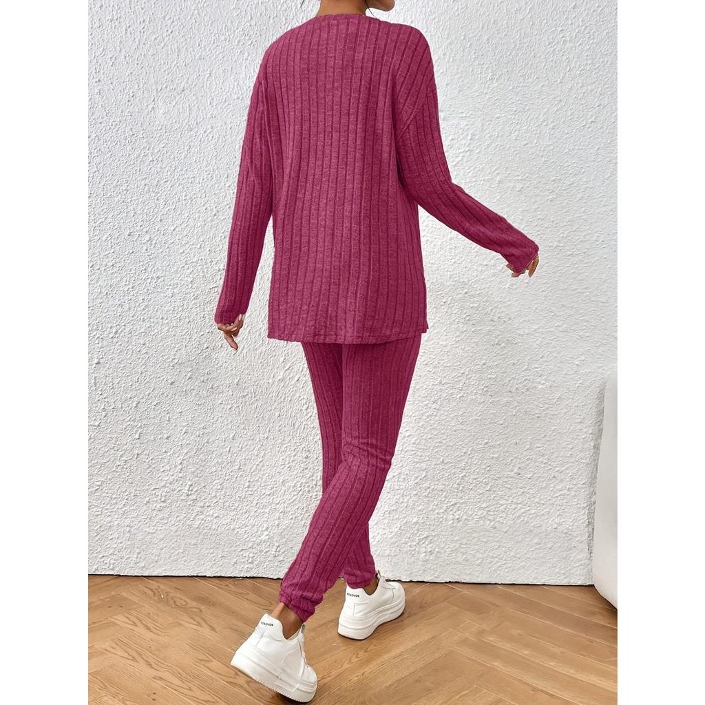 Female Suit, Autumn New Fashionable Casual Temperament Loose Round Neck Pit Stripe Knitted Suit for Women