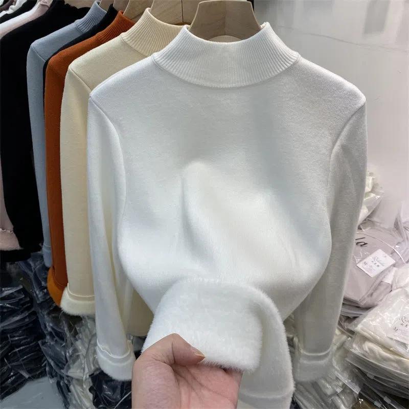 Korean Half High Collar Slim Thick Knitted Pullovers Women Winter Plus Velvet Warm Sweaters Solid Casual Fleece Lined Jumpers
