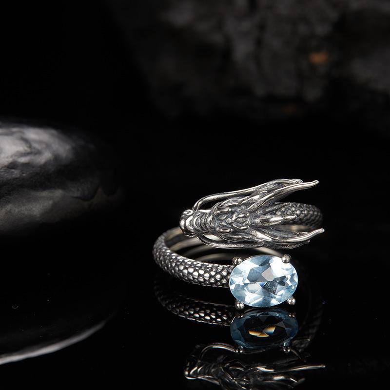 Drachenring S925 Sterling Silber Ring Herren- und Damenring Vintage Thailändisches Silber Offener Ring Nischen-Ohrringe