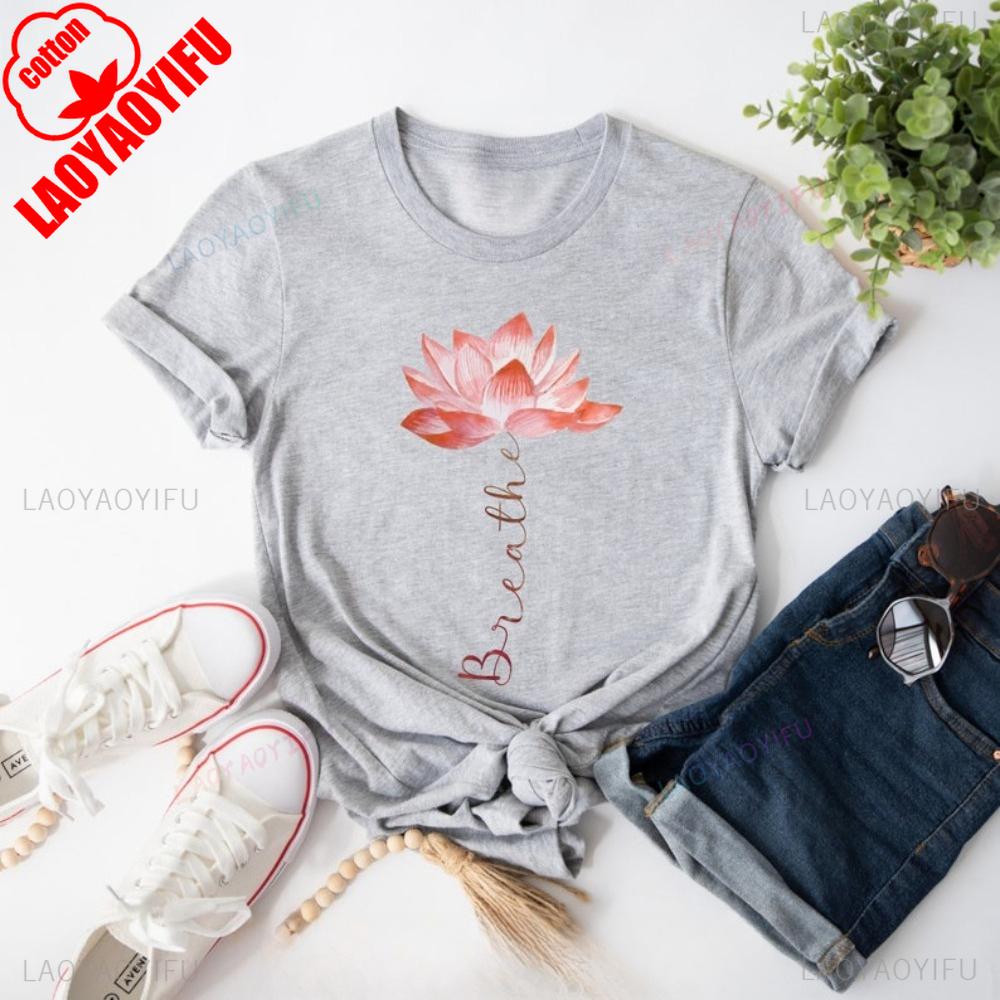 Ladies Tshirt with Lotus Pattern Yoga Enthusiasts Meditate Short Sleeved Women Casual Summer Crewneck Cotton Tee Tops